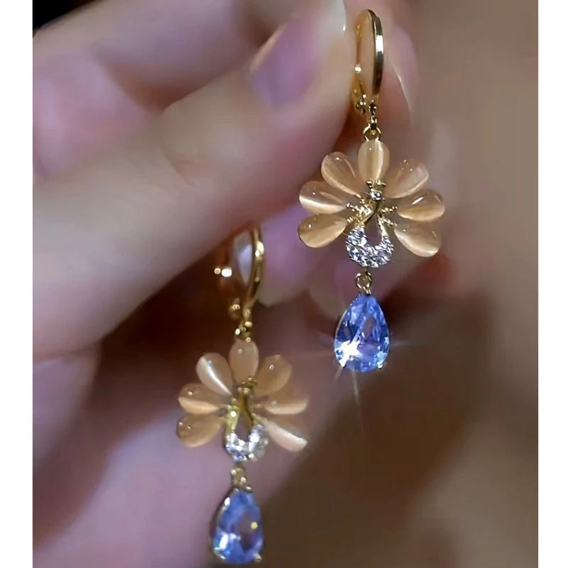 14K Gold-Plated Luxury Cat's Eye Stone Flower Earrings - elegant Cat's Eye Flower