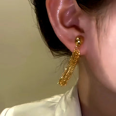 Close-up detail of the sparkling zircons and plating on the Chain Tassel Earrings