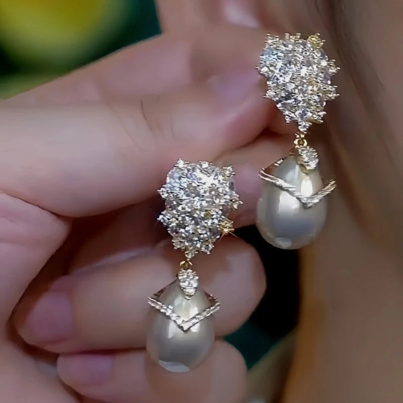 14K Gold-Plated Luxury Champagne Pearl Zircon Earrings - elegant Champagne Pearl Earrings