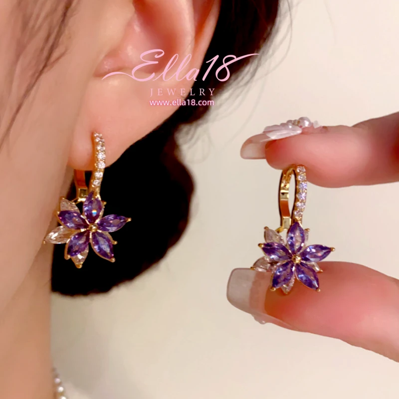 14K Gold-Plated Luxury Design Purple Zircon Diamond Flower Earrings - elegant Purple Zircon Earrings