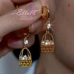 14K Gold-Plated Luxury Design Zircon Diamond Pearl Basket Earrings - elegant Pearl Basket Earrings