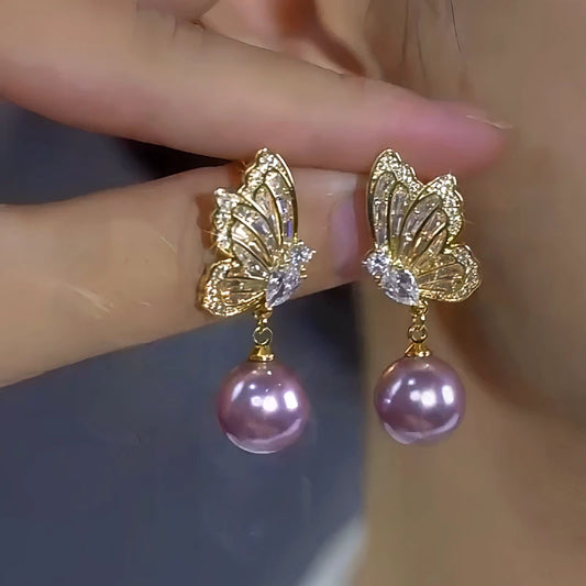 14K Gold-Plated Luxury Diamond Butterfly Purple Pearl Earrings - elegant Butterfly Pearl Earrings