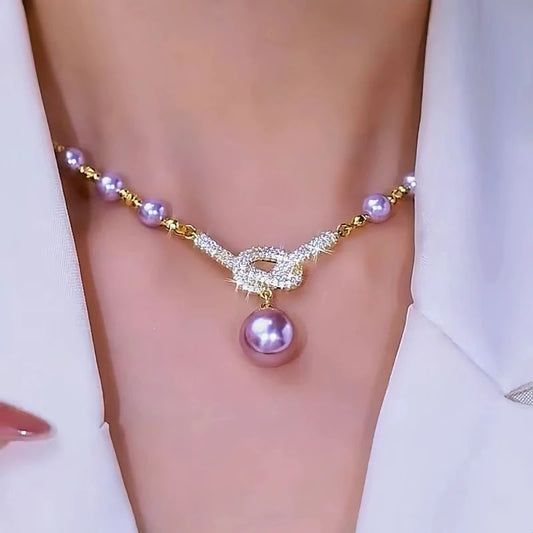 14K Gold-Plated Luxury Diamond Purple Pearl Necklace worn to showcase its length and pendant detail