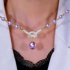 14K Gold-Plated Luxury Diamond Purple Pearl Necklace - beautiful Purple Pearl Necklace