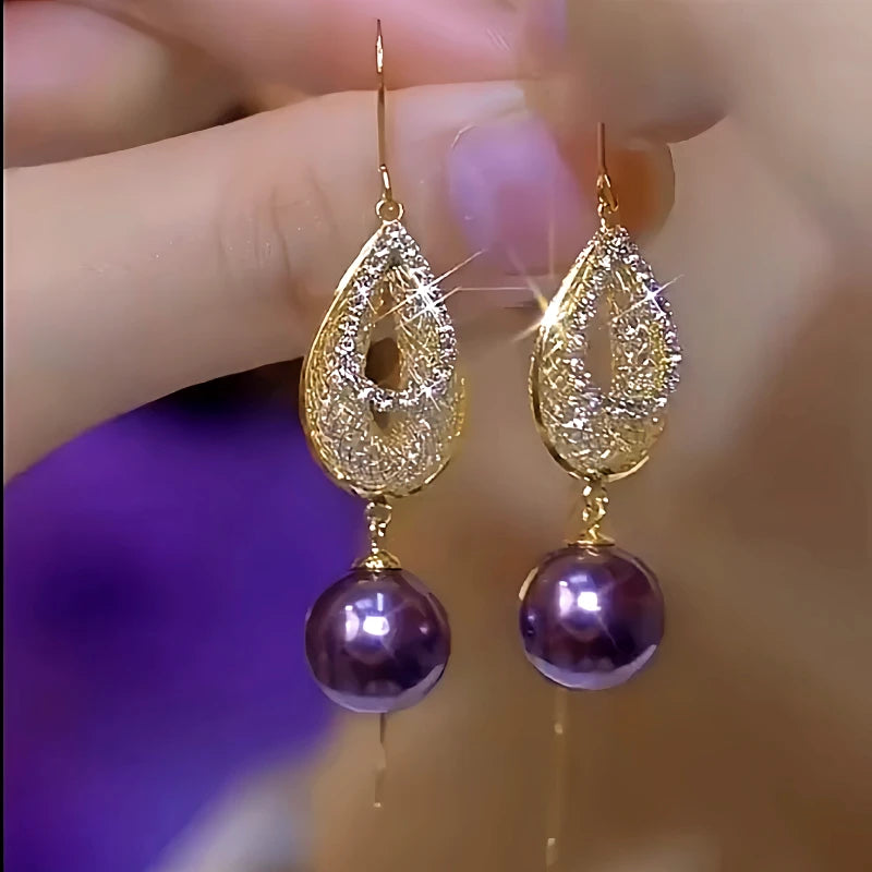 14K Gold-Plated Luxury Diamond Purple Pearl Threader Earrings - elegant Pearl Threader Earrings