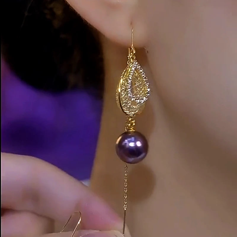 Close-up detail of the sparkling zircons and plating on the Pearl Threader Earrings