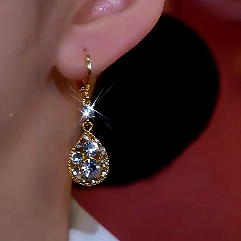Close-up detail of the sparkling zircons and plating on the Water Drop Earrings