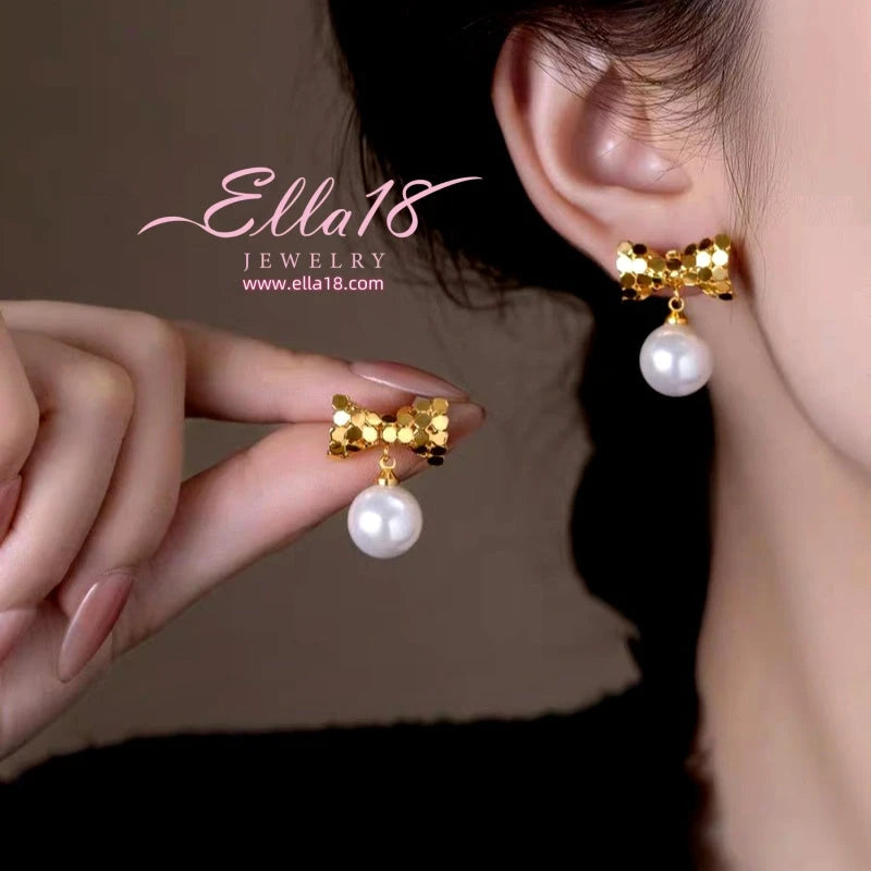 14K Gold-Plated Luxury Geometric Bow Pearl Earrings - elegant Bow Pearl Earrings