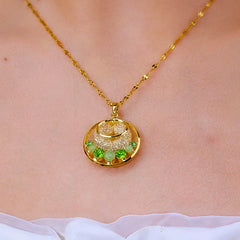 14K Gold-Plated Luxury Green Diamond Cat's Eye Stone Mesh Hoop Necklace worn to showcase its length and pendant detail