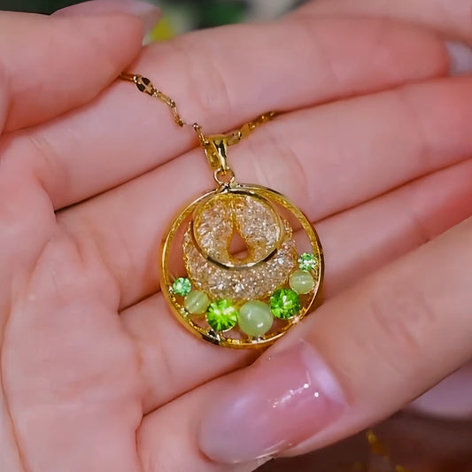 14K Gold-Plated Luxury Green Diamond Cat's Eye Stone Mesh Hoop Necklace - beautiful Cat's Eye Necklace