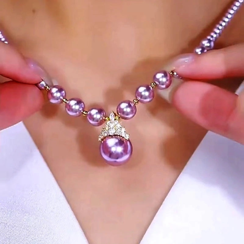 14K Gold-Plated Luxury Manta Rose Purple Pearl Necklaces worn to showcase its length and pendant detail