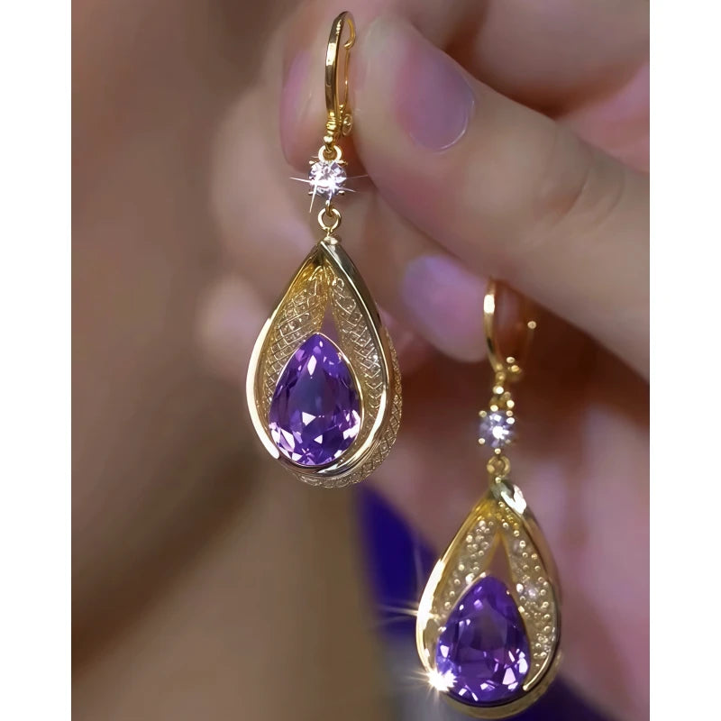 14K Gold-Plated Luxury Mesh Purple Diamond Water Drop Earrings - elegant Purple Water Drop Earrings