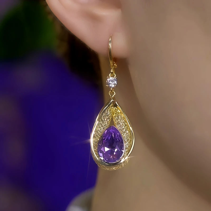 Close-up detail of the sparkling zircons and plating on the Purple Water Drop Earrings