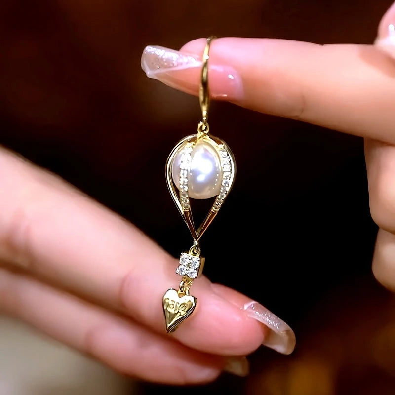 14K Gold-Plated Luxury Pearl Hot Air Balloony Heart Ear Hook Earrings - elegant Heart Ear Hook