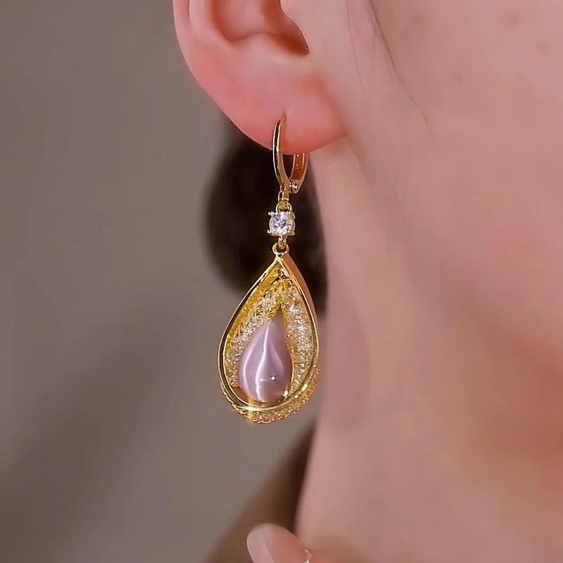 14K Gold-Plated Luxury Pink Cat's Eye Stone Water Drop Earrings - elegant Pink Water Drop Earrings