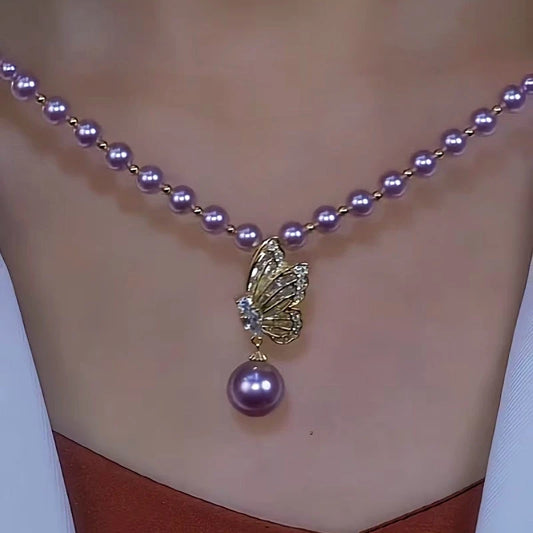 14K Gold-Plated Luxury Purple Pearl Diamond Butterfly Necklace worn to showcase its length and pendant detail