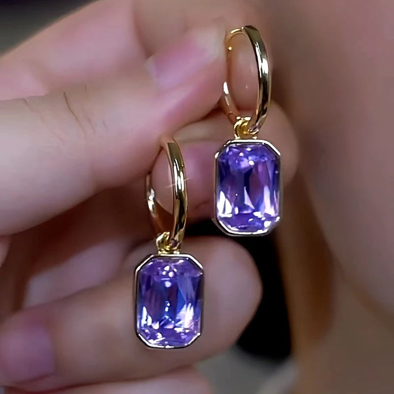 14K Gold-Plated Luxury Purple Zircon Earrings - elegant Asymmetrical Purple Zircon
