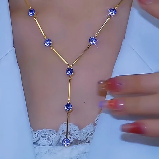 14K Gold-Plated Luxury Purple Zircon Y-Shaped Necklaces worn to showcase its length and pendant detail