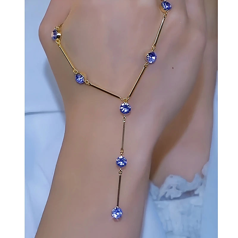 Detailed view of the 14K Gold-Plated Luxury Purple Zircon Y-Shaped Necklaces chain and pendant