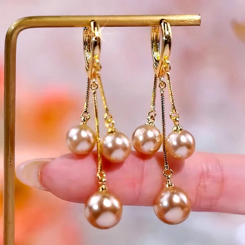 Close-up detail of the sparkling zircons and plating on the Pearl Tassel Earrings