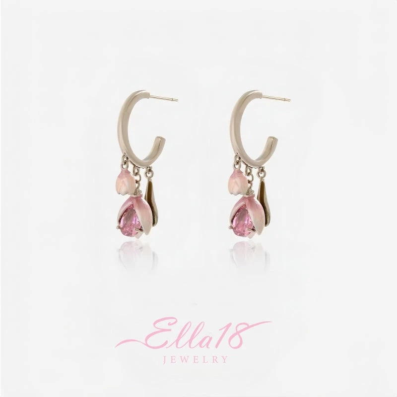 Close-up detail of the sparkling zircons and plating on the Tulip Flower Earrings