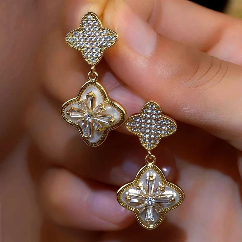 14K Gold-Plated Luxury Zircon Diamond Clover Earrings - elegant Clover Diamond Earrings