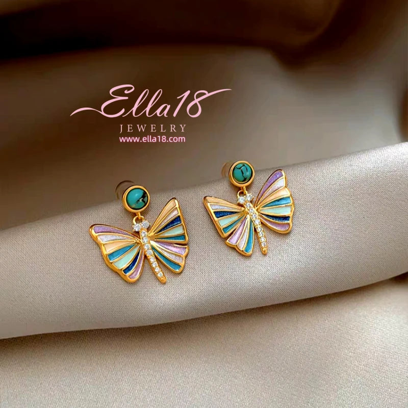 Model showcasing the dangle and style of the 14K Gold-Plated Luxury Zircon Diamond Colorful Butterfly Earrings