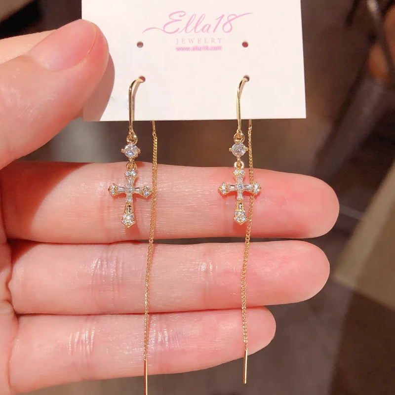 14K Gold-Plated Luxury Zircon Diamond Cross Threader Earrings - elegant Cross Threader Earrings