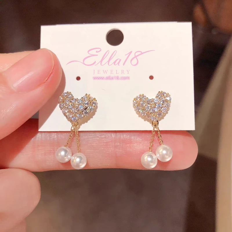 14K Gold-Plated Luxury Zircon Diamond Heart Pearl Tassel Earrings - elegant Heart Pearl Tassel