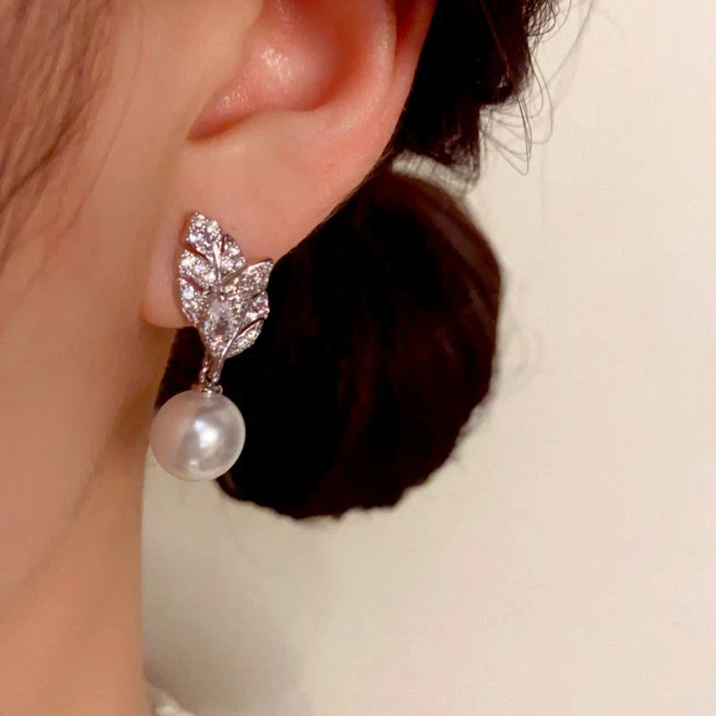 14K Gold-Plated Luxury Zircon Diamond Leaf Pearl Earrings - elegant Leaf Pearl Earrings