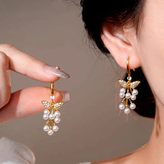 14K Gold-Plated Luxury Zircon Diamond Pearl Tassel Ear Hook Earrings - elegant Pearl Tassel Ear Hooks
