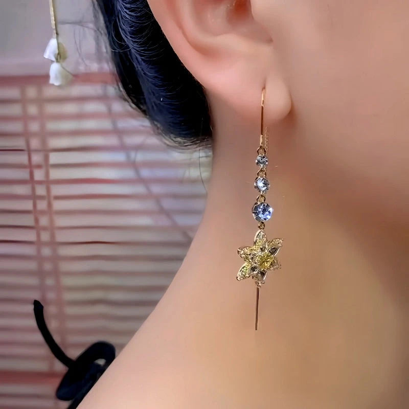 Model showcasing the dangle and style of the 14K Gold-Plated Luxury Zircon Flower Threader Earrings