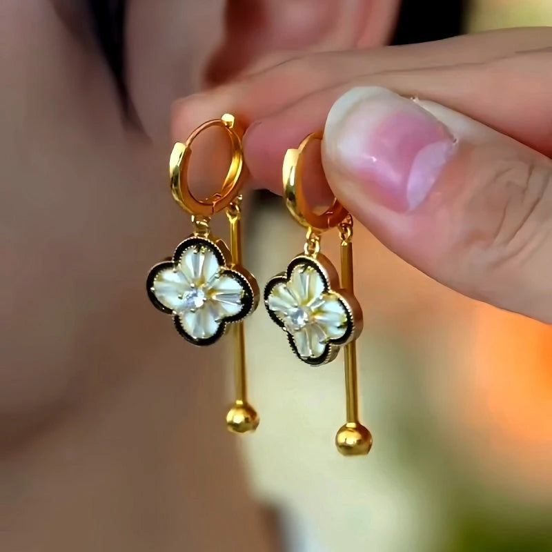 14K Gold-Plated Luxury Zircon Four-Leaf Clover Tassel Earrings - elegant Clover Tassel Earrings