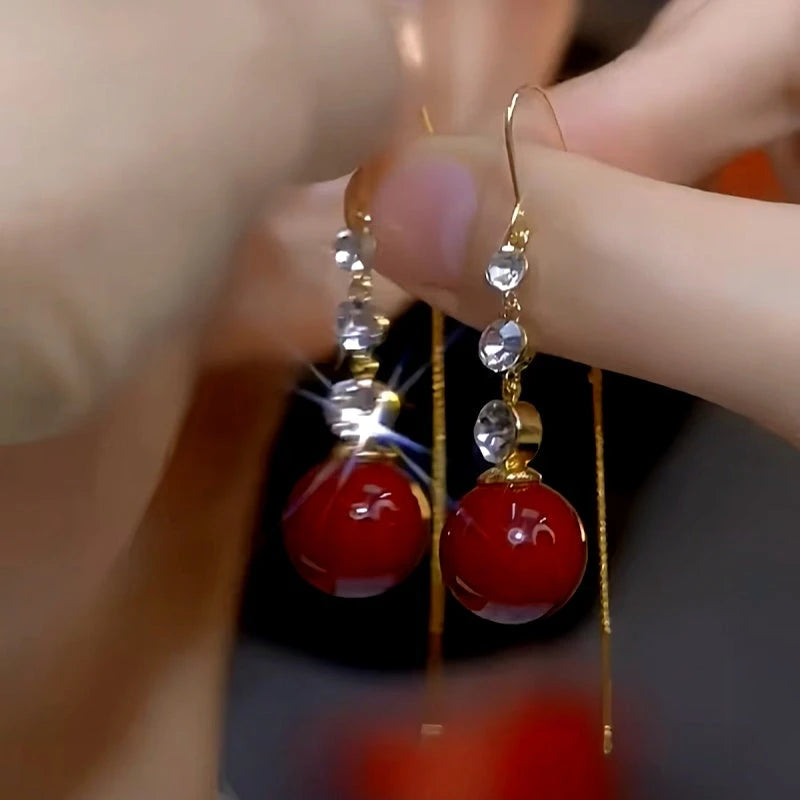 14K Gold-Plated Luxury Zircon Red Pearl Threader Earrings - elegant Red Pearl Threaders
