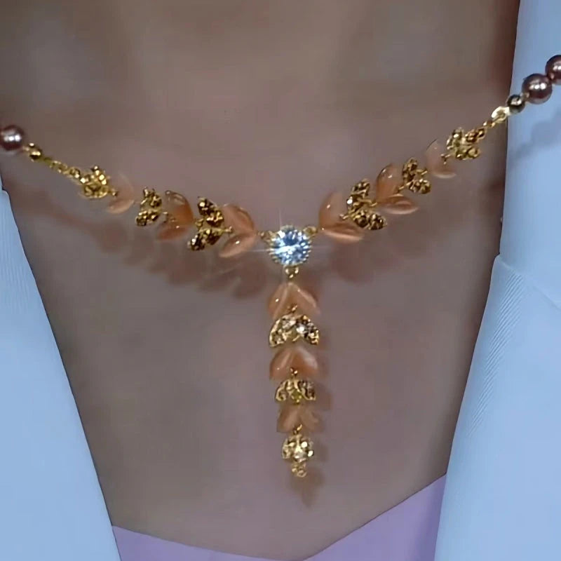 Detailed view of the 14K Gold-Plated Luxury Zircon Wheat Tassel Necklace chain and pendant