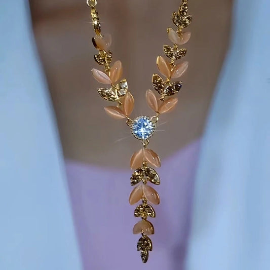 14K Gold-Plated Luxury Zircon Wheat Tassel Necklace worn to showcase its length and pendant detail