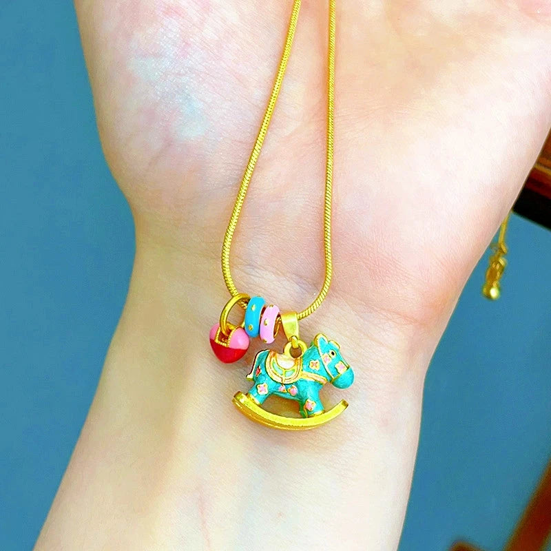 14K Gold-Plated Macaron-Colored Rocking Horse Necklaces - beautiful Rocking Horse Necklace