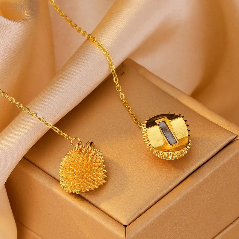 Close-up of the pendant and clasp on the Magnetic Durian Necklace