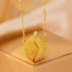 14K Gold-Plated Magnetic Durian Necklace worn to showcase its length and pendant detail