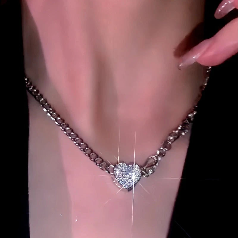 14K Gold-Plated Magnetic Full Zircon Diamond Heart Necklace worn to showcase its length and pendant detail