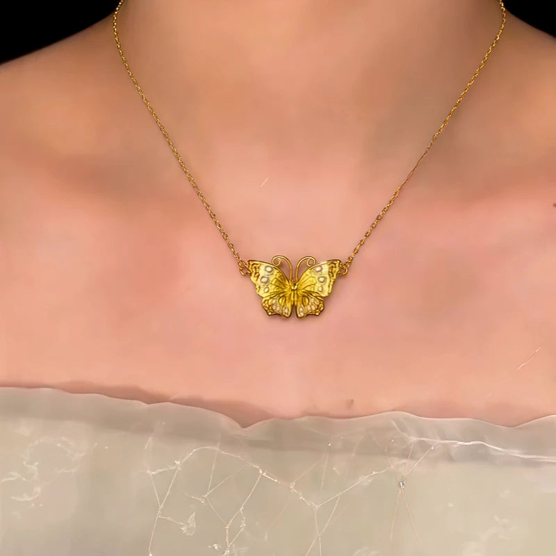 14K Gold-Plated Magnetic Pearl Butterfly Necklace worn to showcase its length and pendant detail