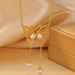 14K Gold-Plated Magnetic Pearl Hollow Butterfly Necklace - beautiful Hollow Butterfly Necklace