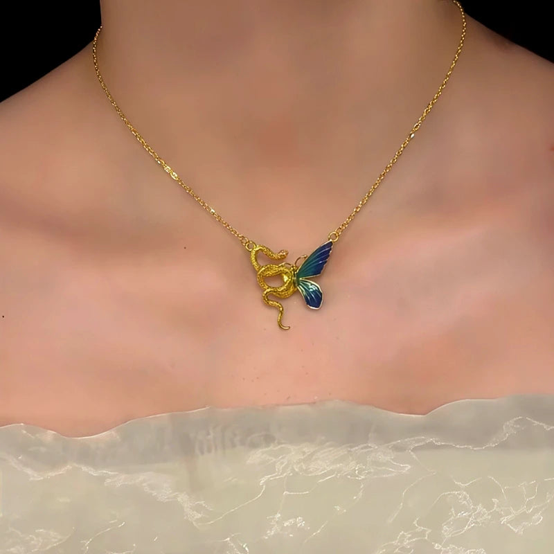 14K Gold-Plated Magnetic Snake Catch Butterfly Necklace worn to showcase its length and pendant detail