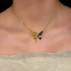 14K Gold-Plated Magnetic Snake Catch Butterfly Necklace worn to showcase its length and pendant detail
