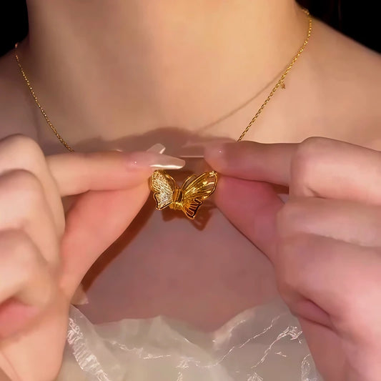 14K Gold-Plated Magnetic Zircon Butterfly Necklace worn to showcase its length and pendant detail