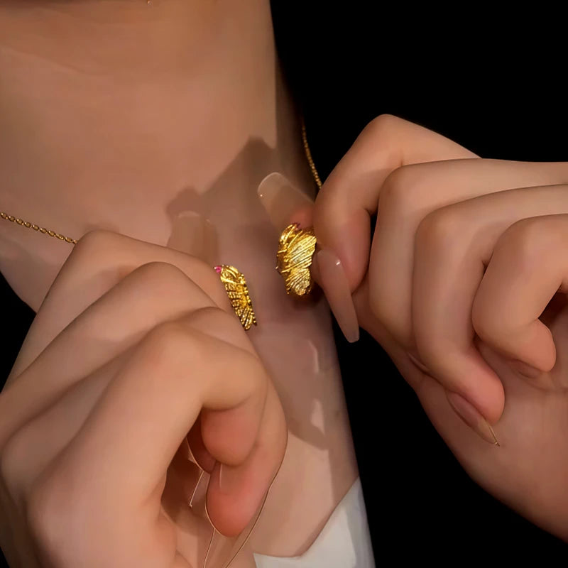 14K Gold-Plated Magnetic Zircon Cute Butterfly Necklace worn to showcase its length and pendant detail