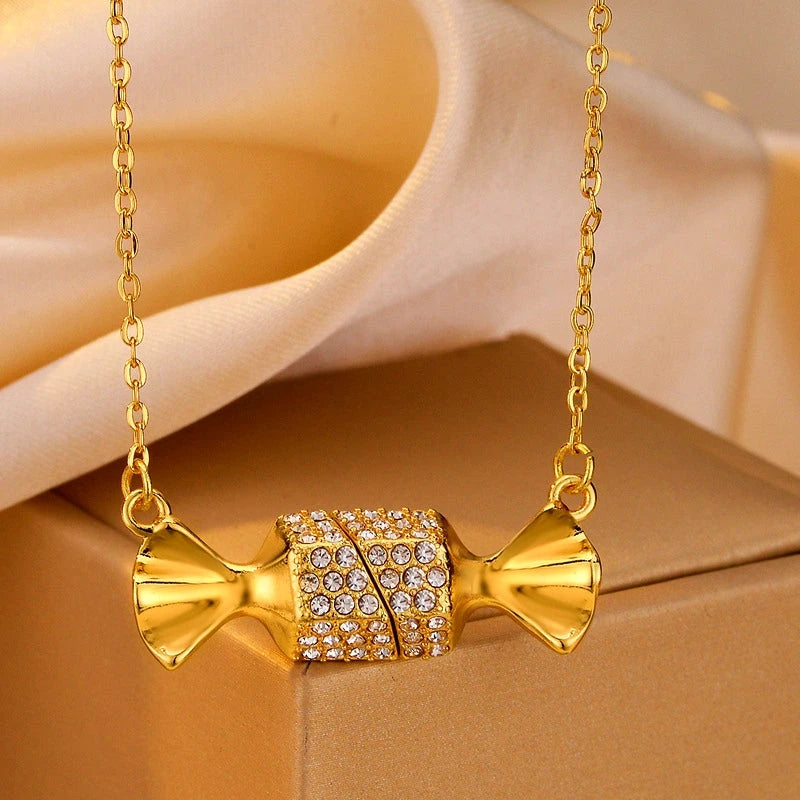 14K Gold-Plated Magnetic Zircon Diamond Candy Necklace worn to showcase its length and pendant detail