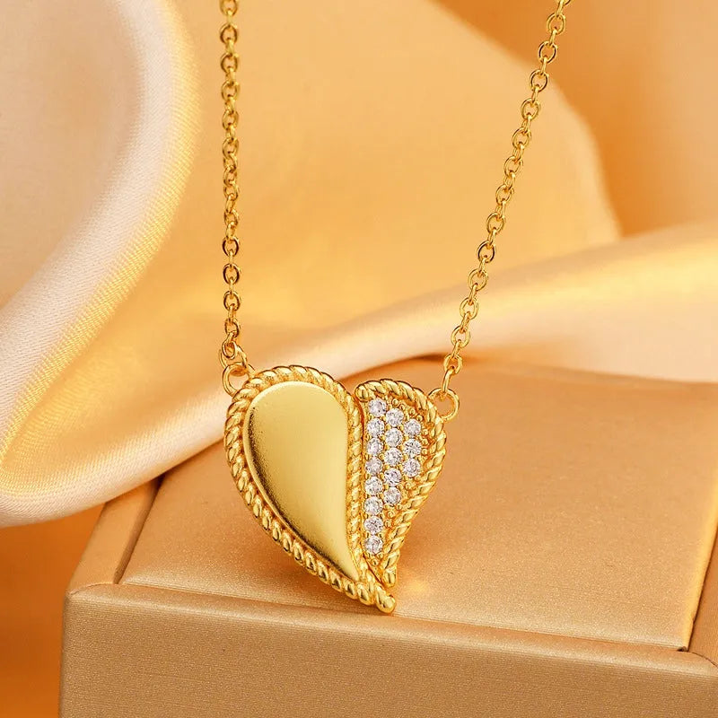 14K Gold-Plated Magnetic Zircon Diamond Heart Necklace worn to showcase its length and pendant detail