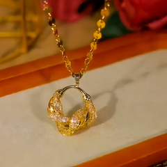 14K Gold-Plated Mesh Ring Necklace worn to showcase its length and pendant detail