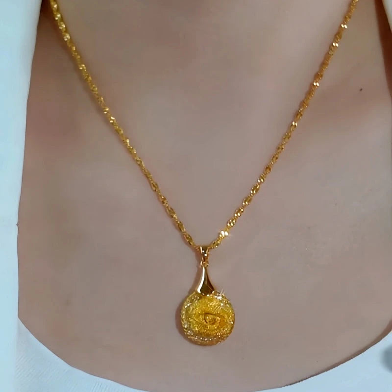 14K Gold-Plated Mesh Rose Pendant Necklace worn to showcase its length and pendant detail